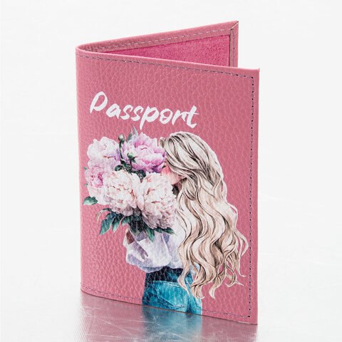 Обложка для паспорта натуральная кожа флоттер, принт "Девушка", цвет пудрово-розовый, BRAUBERG, 238868