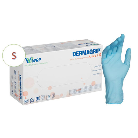 Перчатки нитриловые смотровые, 100 пар (200 штук), повышенная чувствительность, размер 6-7, S (малый), DERMAGRIP Ultra, D1101-27
