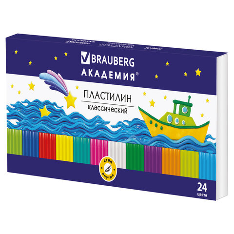 Пластилин классический BRAUBERG "АКАДЕМИЯ", 24 цвета, 480 г, со стеком, ВЫСШЕЕ КАЧЕСТВО, 105899