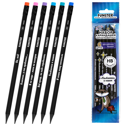 Набор карандашей чернографитных c забавной надписью FUNSTER (ФАНСТЕР) FUNNY NOTES BLK, 6 штук, HB, с ластиком, 182039