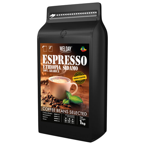 Кофе в зернах WELDAY (ВЭЛДЭЙ) "ESPRESSO ЭФИОПИЯ СИДАМО" 1 кг, арабика 100%, 624399