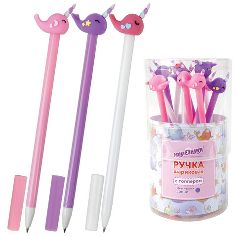 Ручка с топпером шариковая ЮНЛАНДИЯ "Кит-Единорог", корпус ассорти, СИНЯЯ, пишущий узел 0,7 мм, 143783