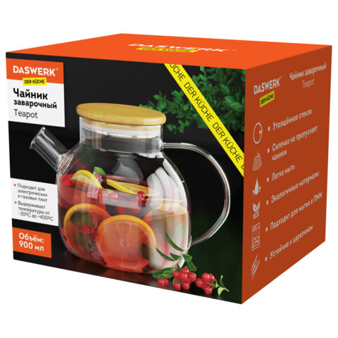 Чайник заварочный 900 мл "Бочонок", жаропрочное стекло, спиральное сито, DASWERK (ДАСВЕРК), 608644