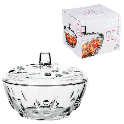 Сахарница, с крышкой, диаметр 140 мм, фактурное стекло, PASABAHCE "ПЕРЛА", фирменная подарочная упаковка, 97236