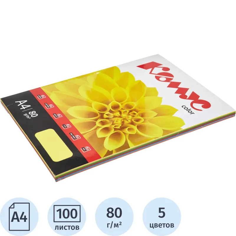 Бумага цветная Комус Color (микс интенсив 5цв: л,к,ш,з,г),80г,А4,100 л, 658908К