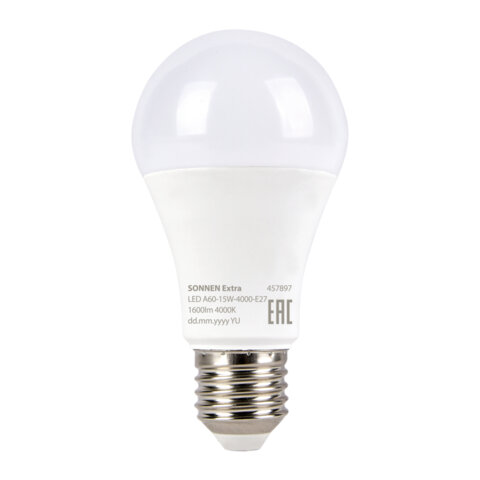 Лампа светодиодная SONNEN EXTRA, 15 (130) Вт, Е27, груша, нейтральный белый, 30000 ч, LED A60-15W-4000-Е27, 457897