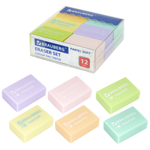 Ластики BRAUBERG "Pastel Soft" НАБОР 12 шт., размер ластика 31х20х10 мм, экологичный ПВХ, 229598