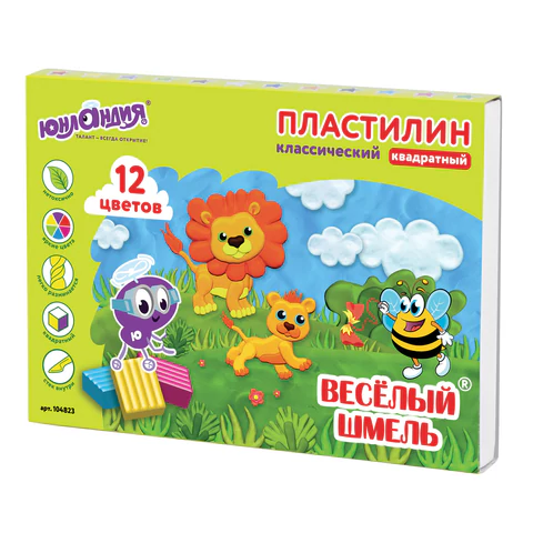 Пластилин классический ЮНЛАНДИЯ "ВЕСЁЛЫЙ ШМЕЛЬ", 12 цветов, 204 г, СО СТЕКОМ, КВАДРАТНЫЙ, 104823