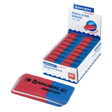 Ластик BRAUBERG "Assistant 80", 41х14х8 мм, красно-синий, прямоугольный, скошенные края, 221034