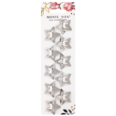 Заколки для волос НАБОР 10 шт., 3 см, клик-клак, звездочки, глянцевый, серебристый, MONTE VITA (МОНТЕ ВИТА), 457083