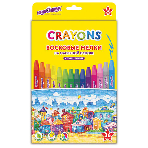 Восковые мелки утолщенные на масляной основе ЮНЛАНДИЯ "ДОМИКИ", 36 цветов, 273092