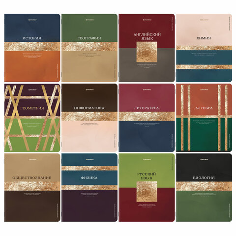 Тетради предметные, КОМПЛЕКТ 12 ПРЕДМЕТОВ, 48 л., матовая ламинация, фольга, BRAUBERG "GOLDY", 405178