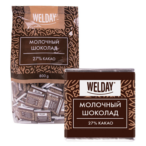 Шоколад порционный высшего качества WELDAY (ВЭЛДЭЙ) "Молочный 27%", 800 г (160 плиток по 5 г), пакет, 622406