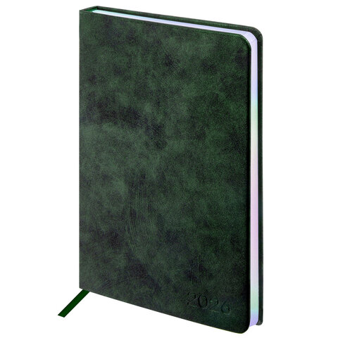 Ежедневник датированный 2026 А5 138х213 мм, BRAUBERG "Ice", под кожу, темно-зеленый, 117391