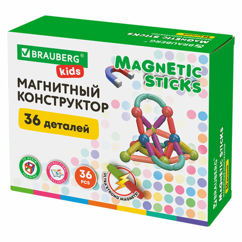 Магнитный конструктор MAGNETIC STICKS, 36 магнитных деталей, BRAUBERG KIDS, 665721