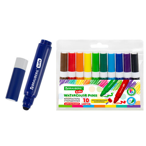 Фломастеры суперсмываемые толстые для малышей BRAUBERG KIDS, 10 цветов, ПВХ-упаковка, 152605