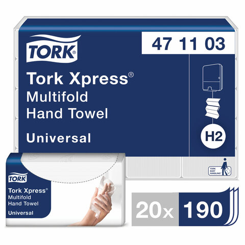 Полотенца бумажные (1 пачка, 190 листов) TORK (H2) UNIVERSAL, 2-слойные, цвет натуральный, 23,4х21,3 см, Z-сложение, 471103