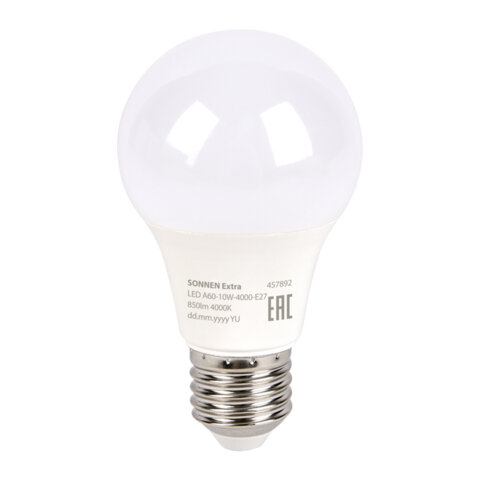 Лампа светодиодная SONNEN EXTRA, 10 (85) Вт, Е27, груша, нейтральный белый, 30000 ч, LED A60-10W-4000-Е27, 457892