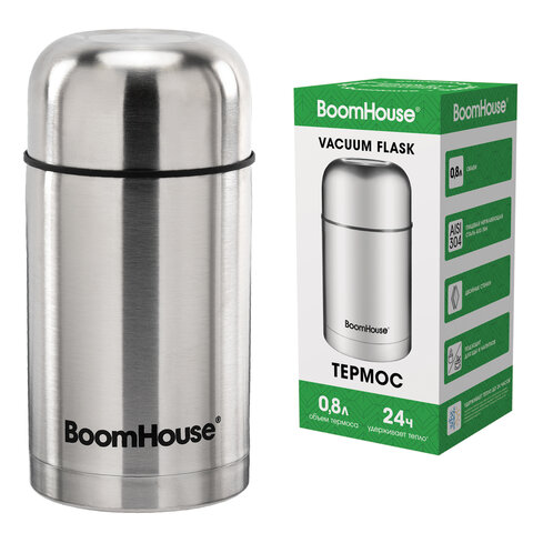 Термос 0,8 л для еды/напитков с широким горлом, BOOMHOUSE (БУМХАУ) WIDE, нержавеющая сталь SUS304, серебристый, 700319