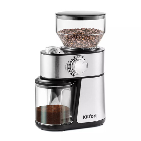Кофемолка KITFORT КТ-717, мощность 200 Вт, вместимость 100 г, 14 степеней помола, стальная