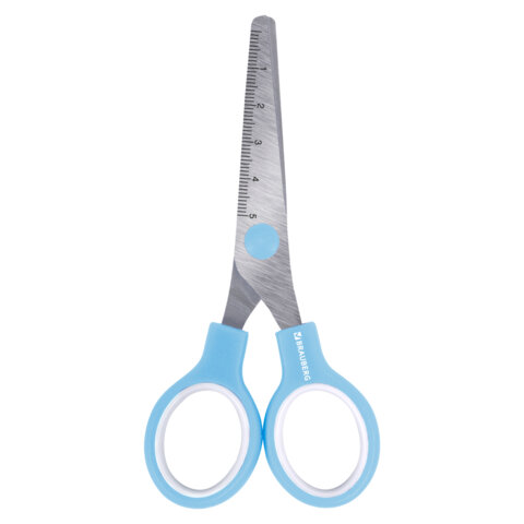 Ножницы BRAUBERG KIDS 130 мм, ручки небесно-голубые, закругленные лезвия с линейкой, 274060
