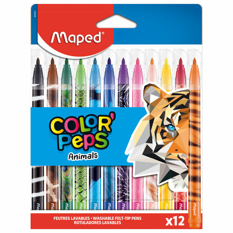 Фломастеры MAPED (Франция) "Animals" 12 цветов, смываемые, вентилируемый колпачок, 845403