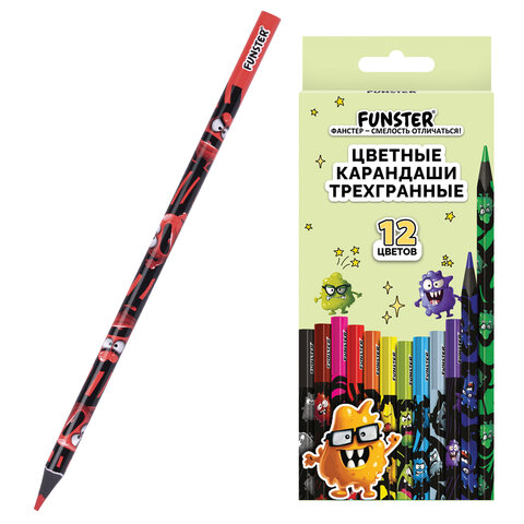 Карандаши цветные FUNSTER (ФАНСТЕР) МОНСТРИКИ, 12 цветов, черный корпус с принтом, трехгранные, 182065