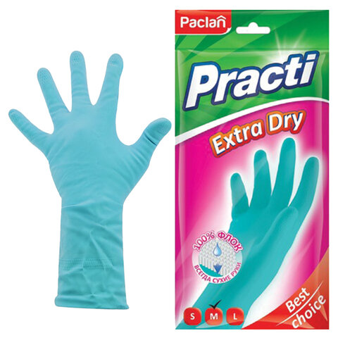 Перчатки МНОГОРАЗОВЫЕ резиновые PACLAN "Extra Dry", хлопчатобумажное напыление, 100% флок, размер 7,5-8, M (средний), синие, вес 52 г, 7340, 407340