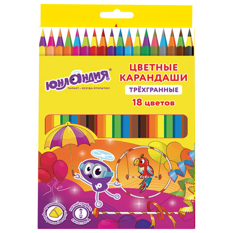 Карандаши цветные ЮНЛАНДИЯ "КАРНАВАЛ", 18 цветов, трехгранные, грифель 3 мм, 181685