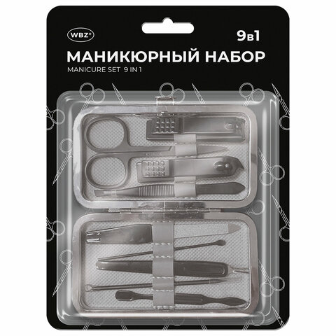 Универсальный набор для маникюра и педикюра 9 в 1 в футляре, MINI, красный, блистер, WBZ (ВБЗ), 609497