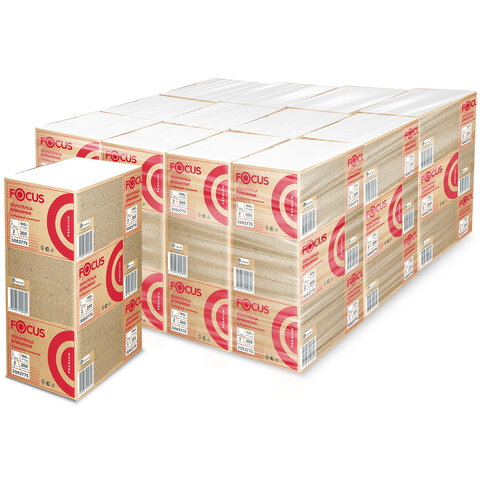 Полотенца бумажные 200 шт., FOCUS (Система H2) Premium, 2-слойные белые, КОМПЛЕКТ 12 пачек, 24х20 см, Z-сложение, 5083775