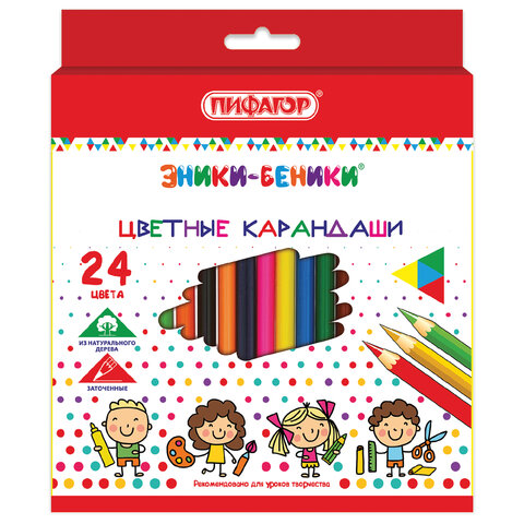 Карандаши цветные ПИФАГОР "ЭНИКИ-БЕНИКИ", 24 цвета, шестигранные, натуральное дерево, 181348