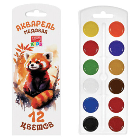Краски акварельные FORUM "Зверята" 12 цветов, медовые, круглые кюветы, картонная коробка, FA-EV-012E
