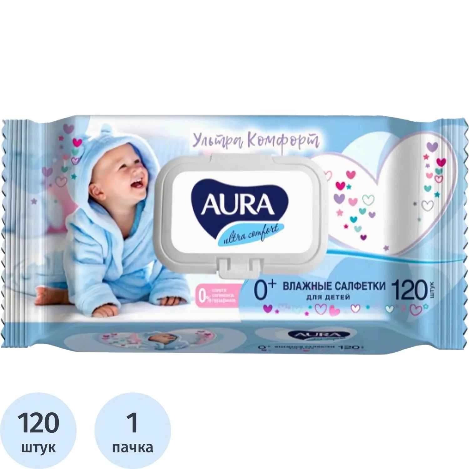 Салфетки влажные AURA для детей ULTRA COMFORT 120шт с крышкой 6474, 563405К