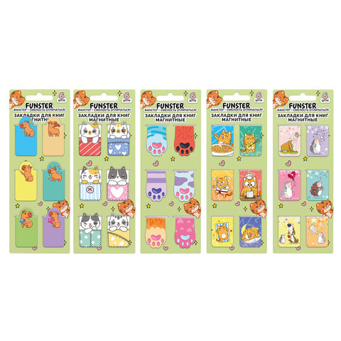 Закладки для книг МАГНИТНЫЕ, "АССОРТИ 5 ДИЗАЙНОВ ЗВЕРЯТА", 6 штук, 35x25 мм, FUNSTER (ФАНСТЕР), 116651