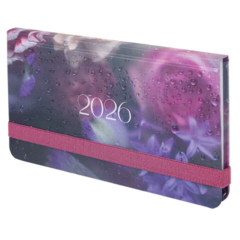 Еженедельник датированный 2026 с резинкой 171х93 мм, BRAUBERG, твердый, УФ-ЛАК, 64 л., "Цветы", 117348