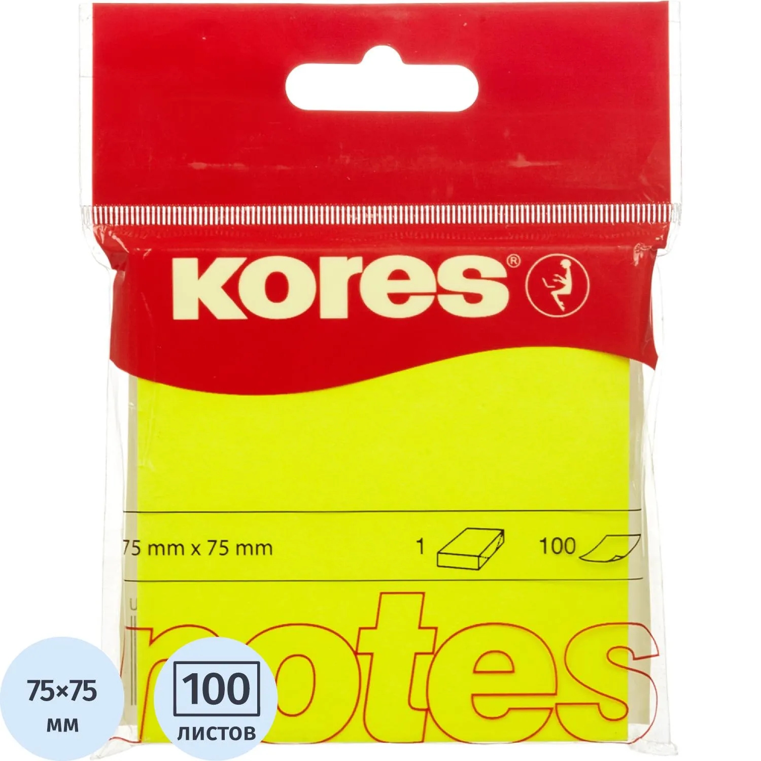 Стикеры Kores бум.для зам. 75х75 неоновая желтая 100л. '47076/47092, 330460К