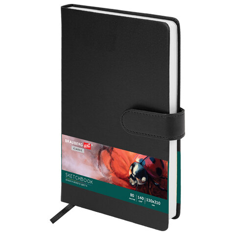 Скетчбук, белая бумага 140 г/м2 130х210 мм, 80 л., КОЖЗАМ, застежка, BRAUBERG ART CLASSIC, черный, 116461
