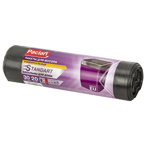 Мешки для мусора 30 л, черные, в рулоне 20 шт., ПНД, 7,3 мкм, 50х60 см, PACLAN "Standart"
