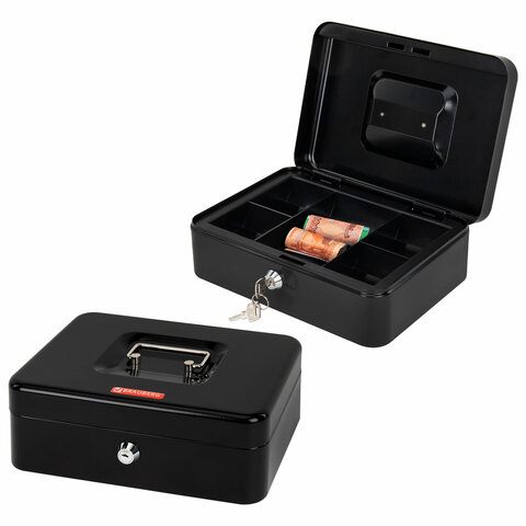 Ящик для денег, ценностей, документов, печатей, 90х180х250 мм, ключевой замок, черный, BRAUBERG, 291349