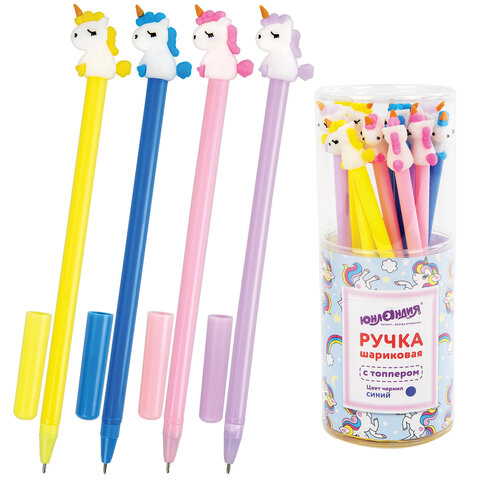 Ручка с топпером шариковая ЮНЛАНДИЯ "Единорог", корпус ассорти, СИНЯЯ, пишущий узел 0,7 мм, 143805