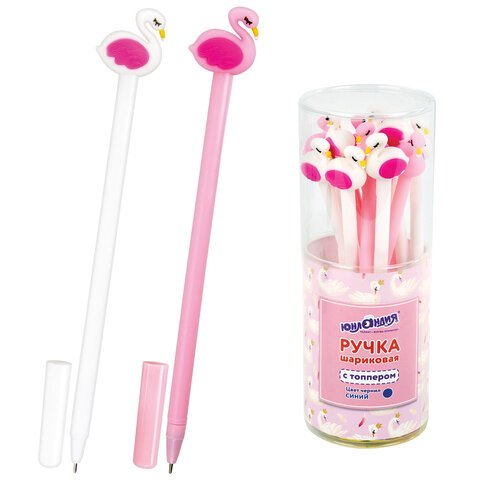 Ручка с топпером шариковая ЮНЛАНДИЯ "Лебедь", корпус ассорти, СИНЯЯ, пишущий узел 0,7 мм, 143801