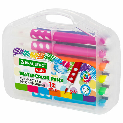 Фломастеры в суперкейсе эргономичные 12 цветов, наконечник-кисть, вентилируемый колпачок, BRAUBERG KIDS, 152184