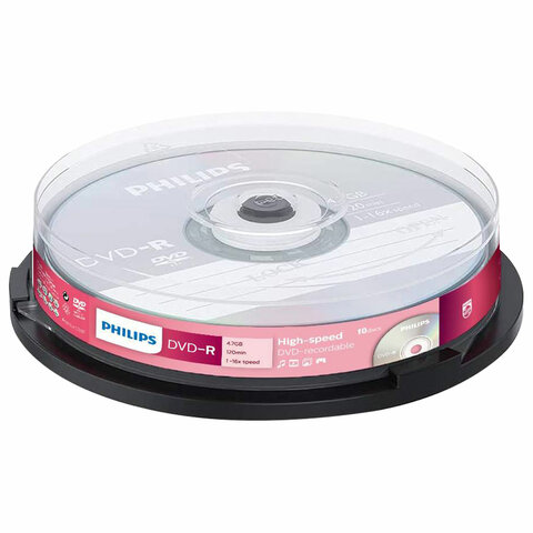 Диск DVD-R PHILIPS, 4,7 Гб, 16x, Cake Box (упаковка на шпиле), КОМПЛЕКТ 10 шт., DM4S6B10F/97