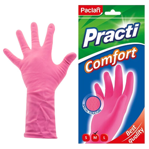 Перчатки МНОГОРАЗОВЫЕ латексные PACLAN "Practi Comfort", хлопчатобумажное напыление, размер 7,5-8, M (средний), розовые, вес 62 г, 407271