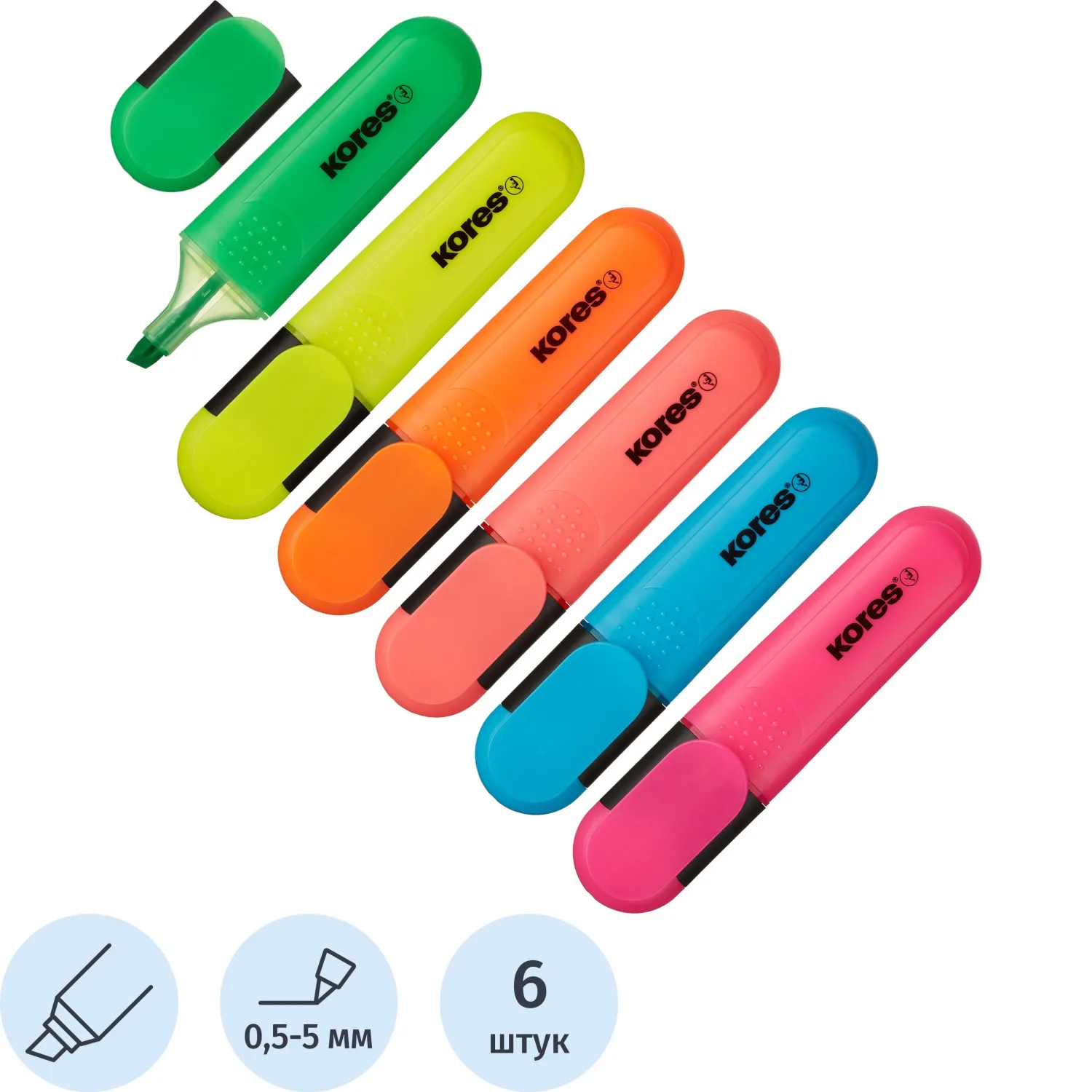 Набор текстовыделителей Kores BRIGHT LINER PLUS,ск нак,0,5-5мм,6цв, 1271207К