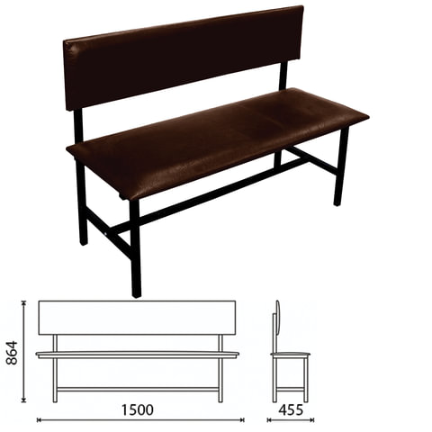 Банкетка со спинкой "Берта" 1500х455х864 мм, усиленная, черный каркас, кожзам коричневый