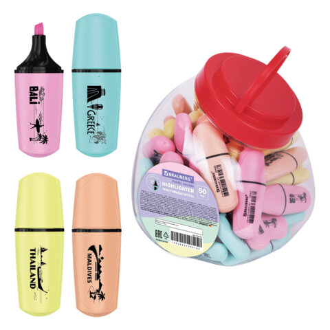 Текстовыделитель мини BRAUBERG "PASTEL Mini", АССОРТИ В ПЛАСТИКОВОЙ БАНКЕ, линия 1-5 мм, 152432