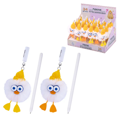 Ручка с пушистой подвеской шариковая FUNSTER (ФАНСТЕР) "FLUFFY DUCK", СИНЯЯ, ассорти, пишущий узел 0,7 мм, 144525