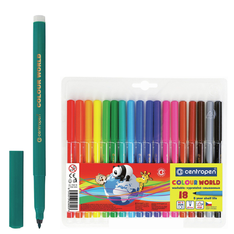 Фломастеры 18 ЦВЕТОВ CENTROPEN "Colour World", круглые, смываемые, вентилируемый колпачок, 7550/18TP, 775501884